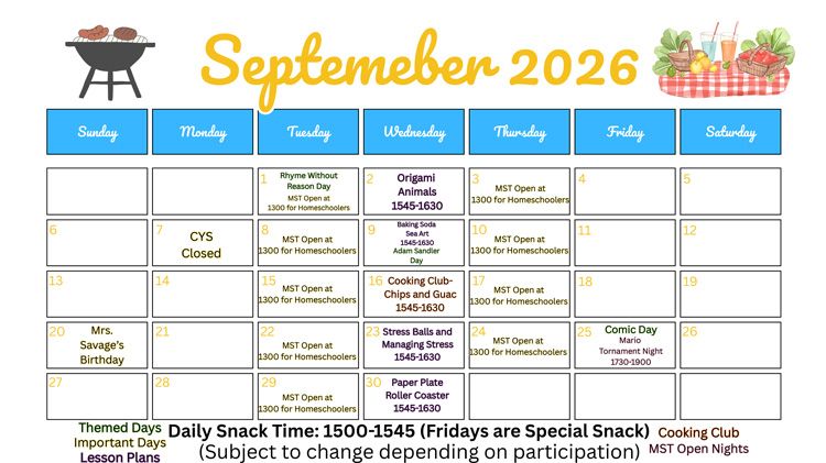MST September 2026 Calendar schedule of events